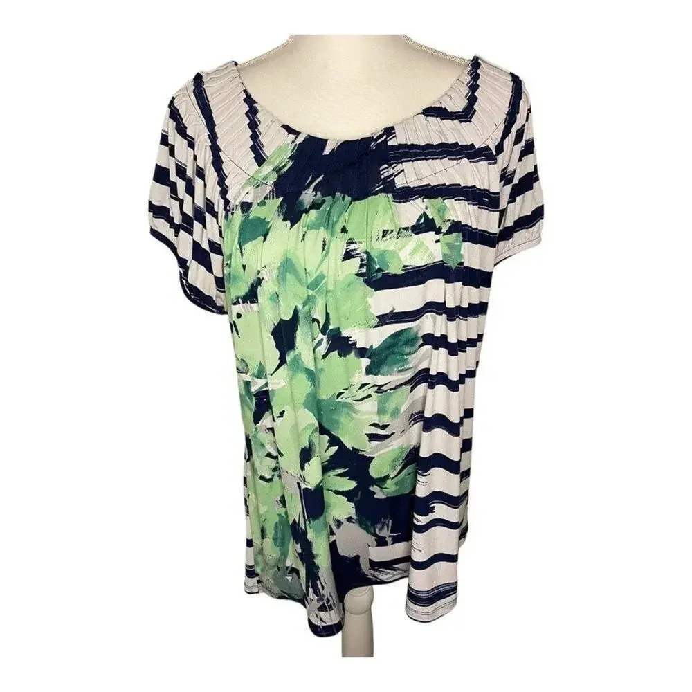 Style & Co Women’s Large Pleated Green Black Print Short Sleeve Top